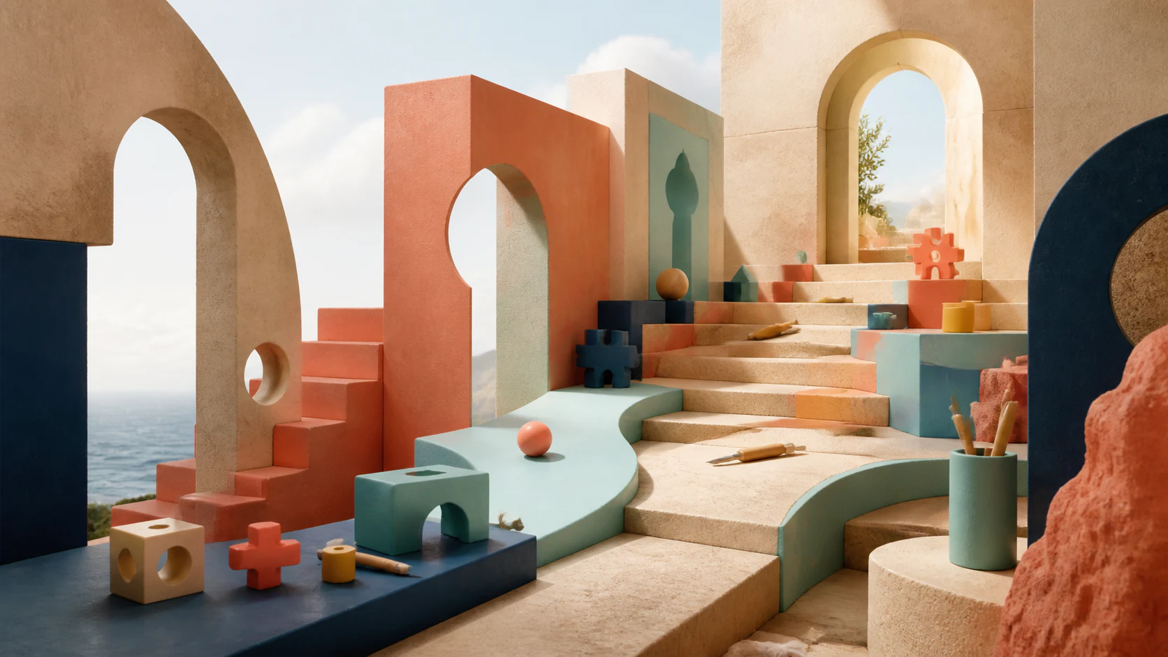A sunlit world of arches, steps, and playful game-making pieces