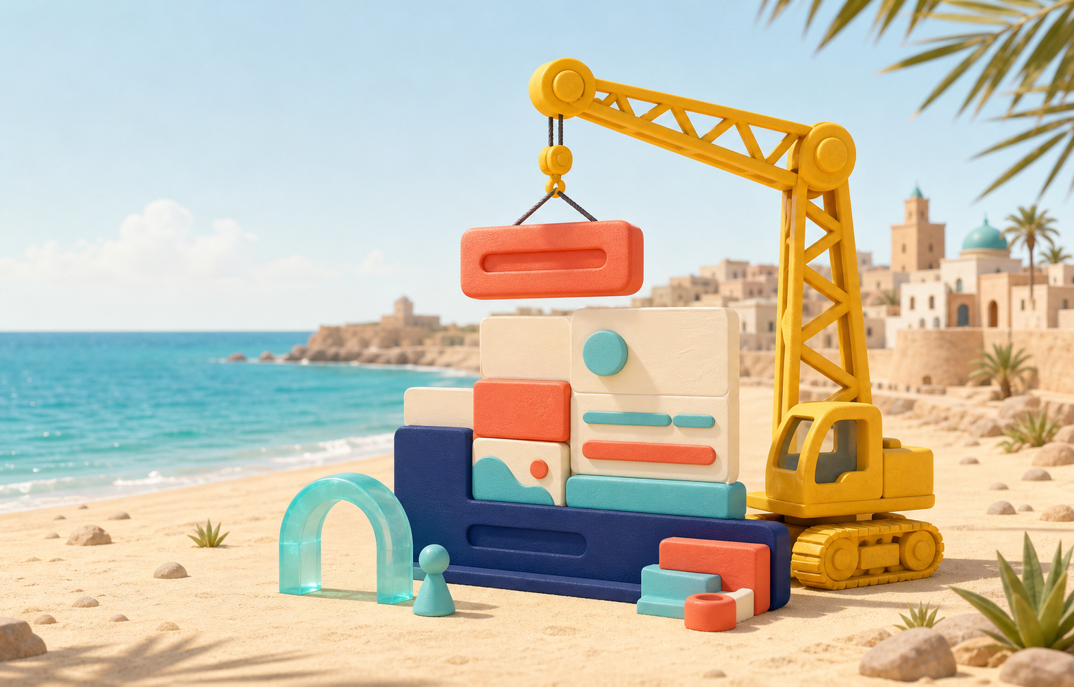 A toy crane building a colorful world beside the sea