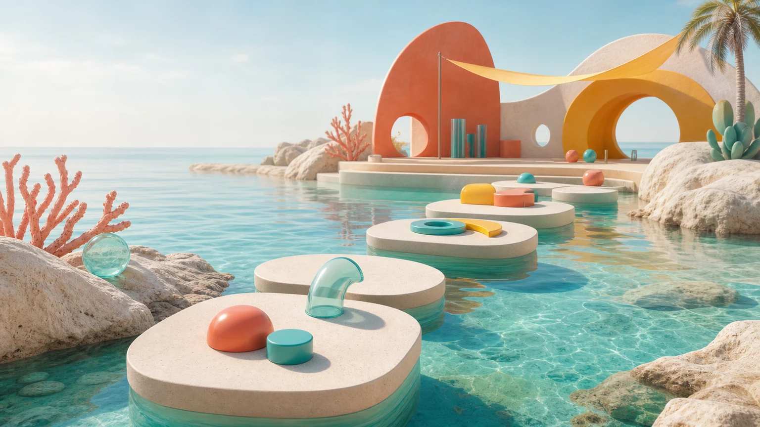 A sunlit path of playful stepping stones beside the sea